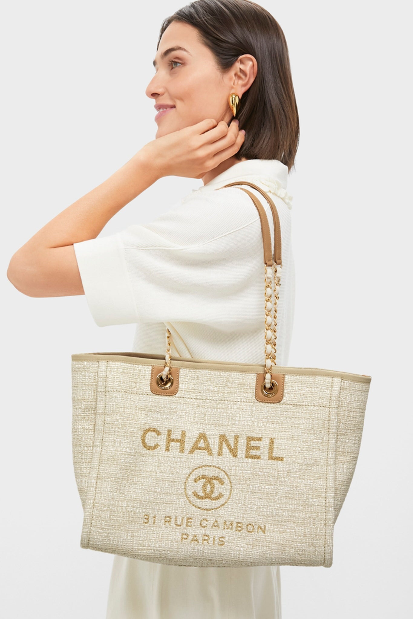 CHANEL Beige Canvas Deauville Tote Bag