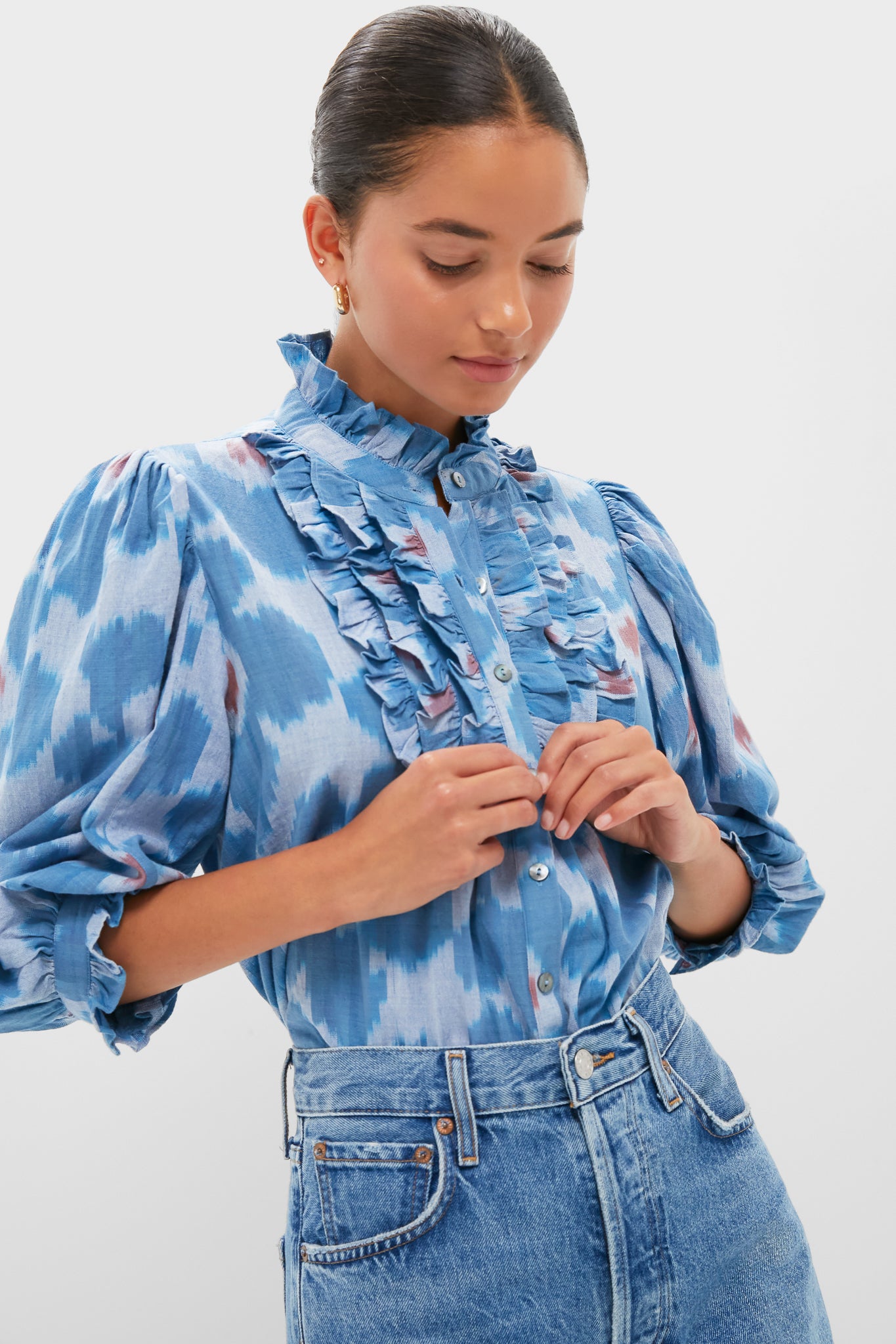 Jinja Blue Ruffle Front Button Blouse | Oliphant