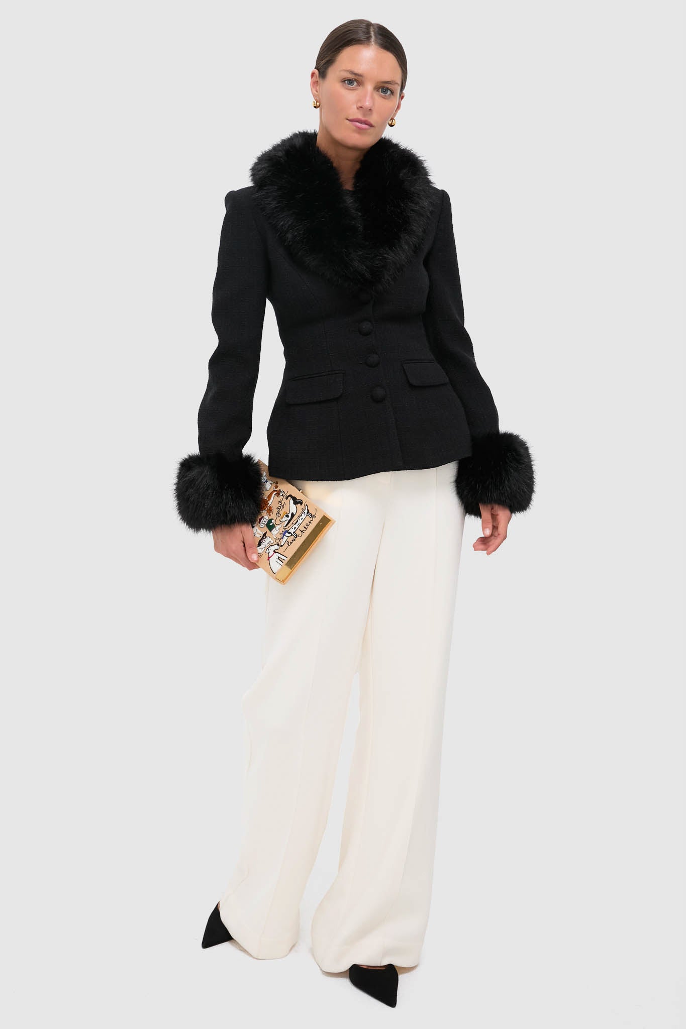 Black Tailored Boucle Fur Jacket