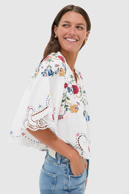 Cream Celia Embroidery Short Sleeve Top