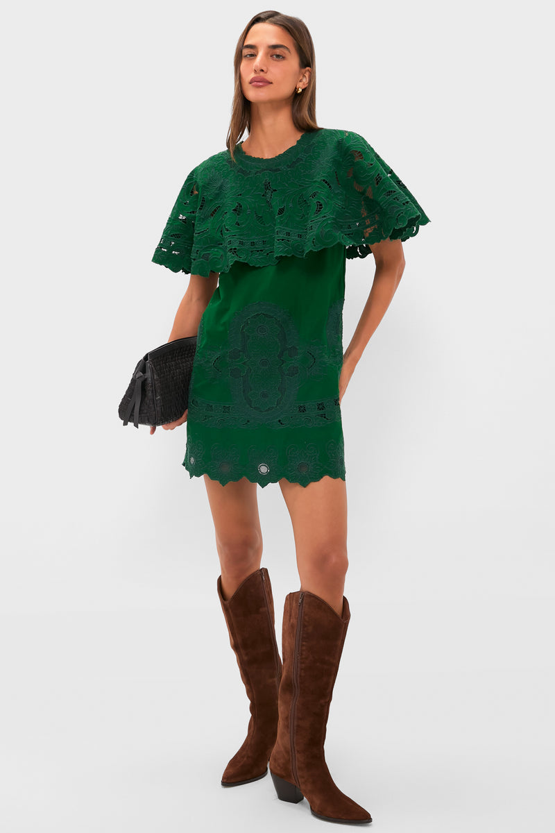 Green Ceci Embroidery Capelet Mini Dress