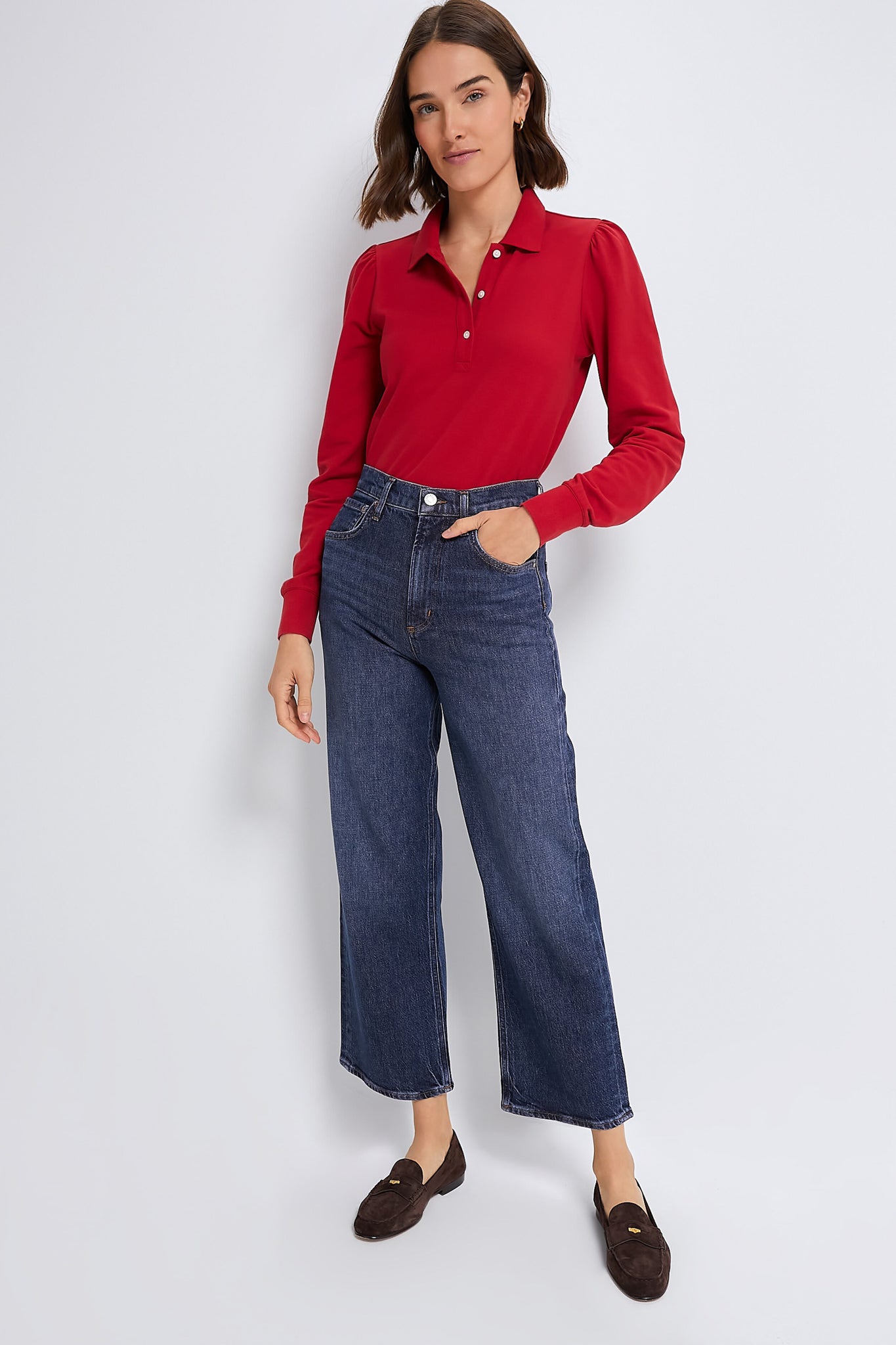 Red Long Sleeve Pique Puff Sleeve Peggy Polo