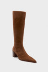 Schutz knee-high suede boots in brown, featuring a pointed toe and mid block heel for sleek style and comfort.
