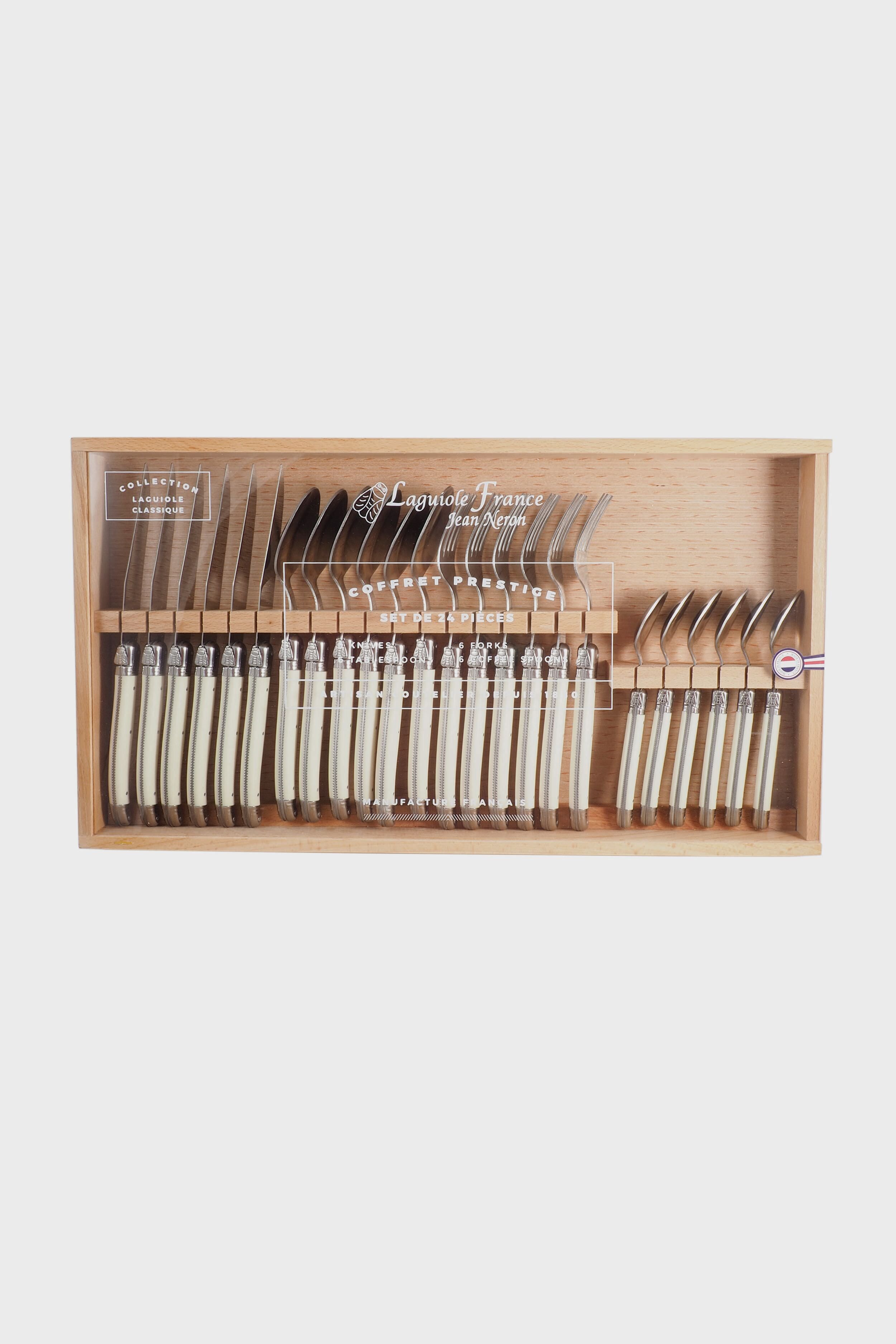 Ivory Flatware in a Wooden Box with Acrylic Lid (Set of 24)