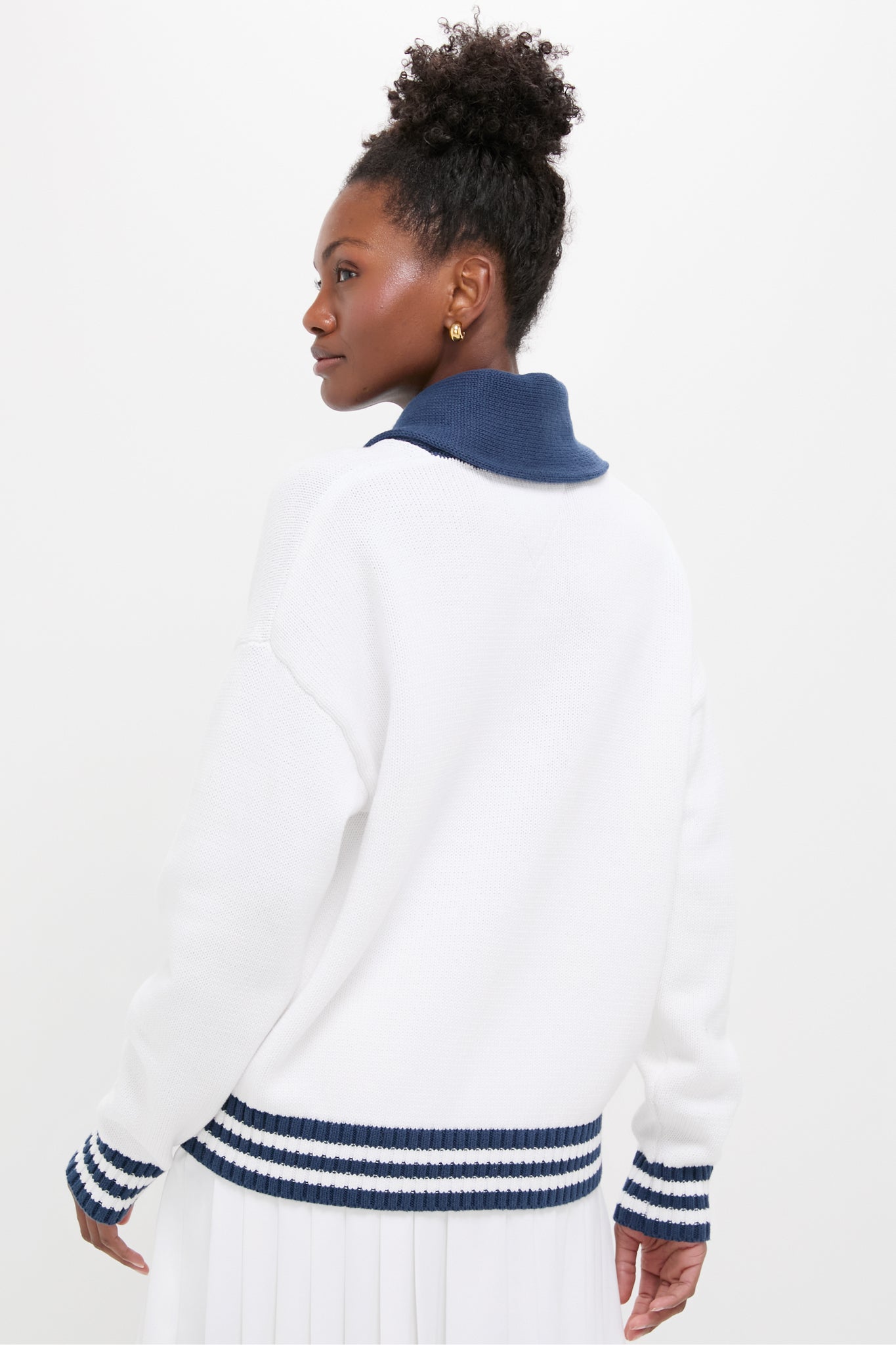 White and Navy Varsity Freya Cardigan