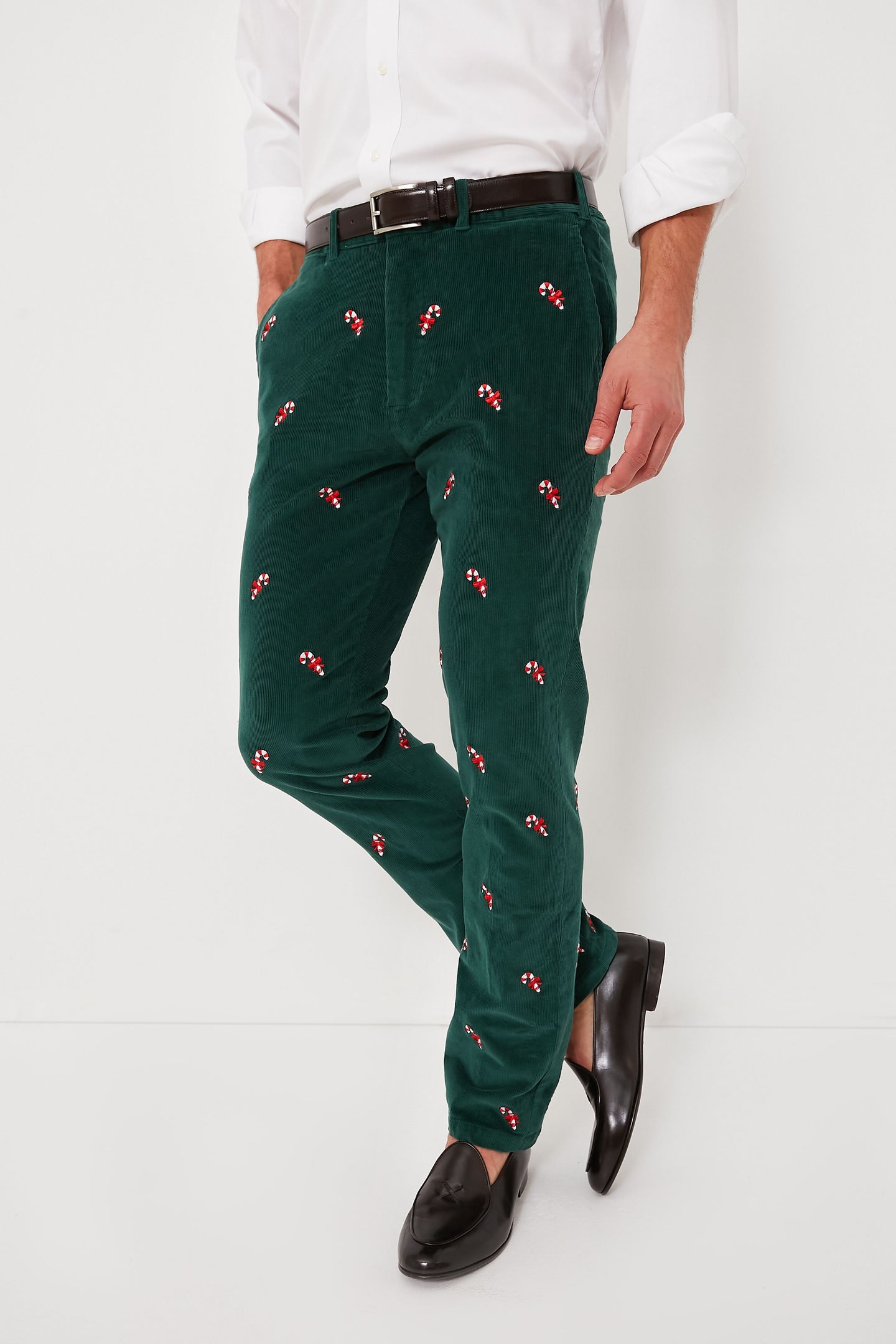 Hunter Green Candy Cane Embroidered Corduroy Pants (34