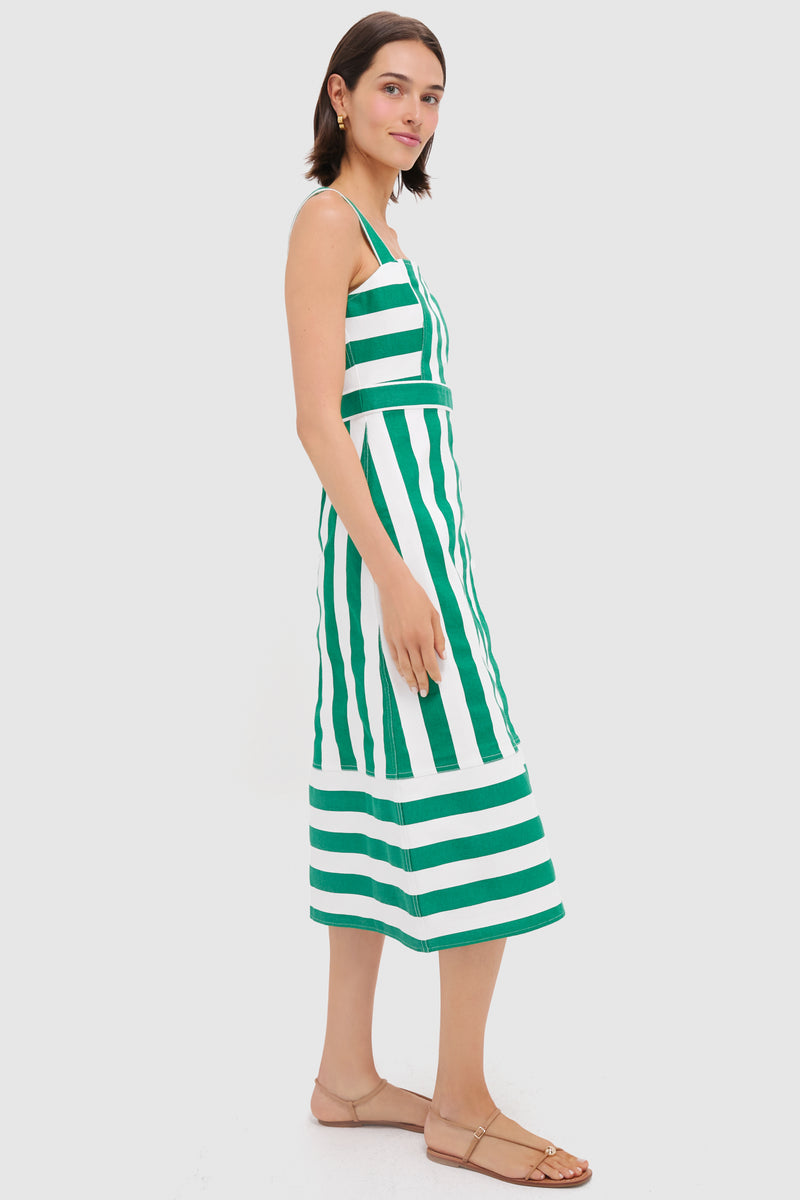 Green & White Striped Hooper Denim Midi Dress