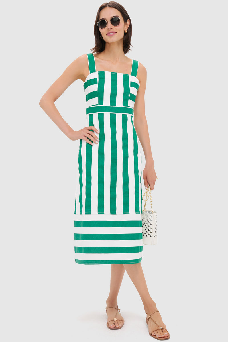 Green & White Striped Hooper Denim Midi Dress