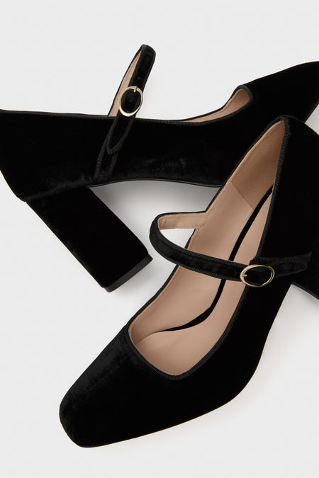 Black Velvet Julia Heels, classic women's Mary-Jane pumps with block heels and gold buckle strap, crafted in Spain for an effortless, high-end look. Perfect for fun, versatile styling.