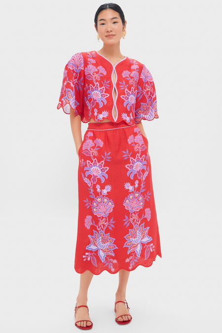 Porcelain Garden Red Midi Skirt