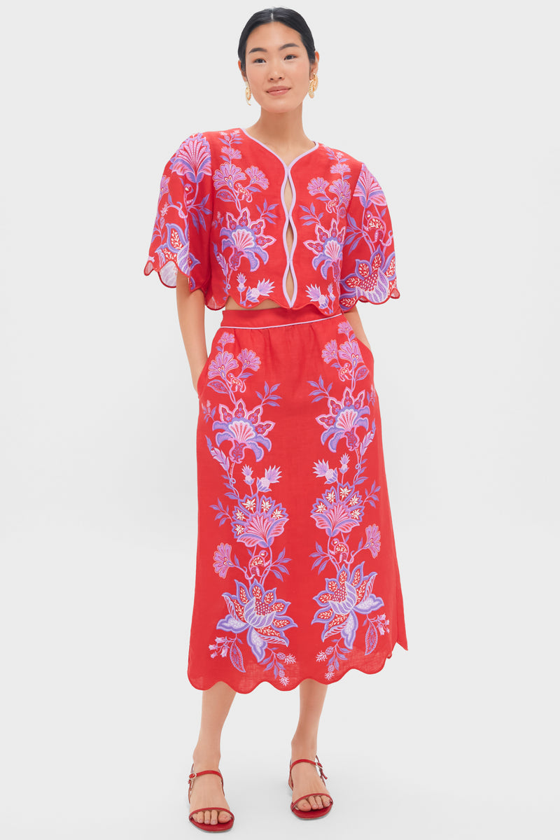 Porcelain Garden Red Midi Skirt