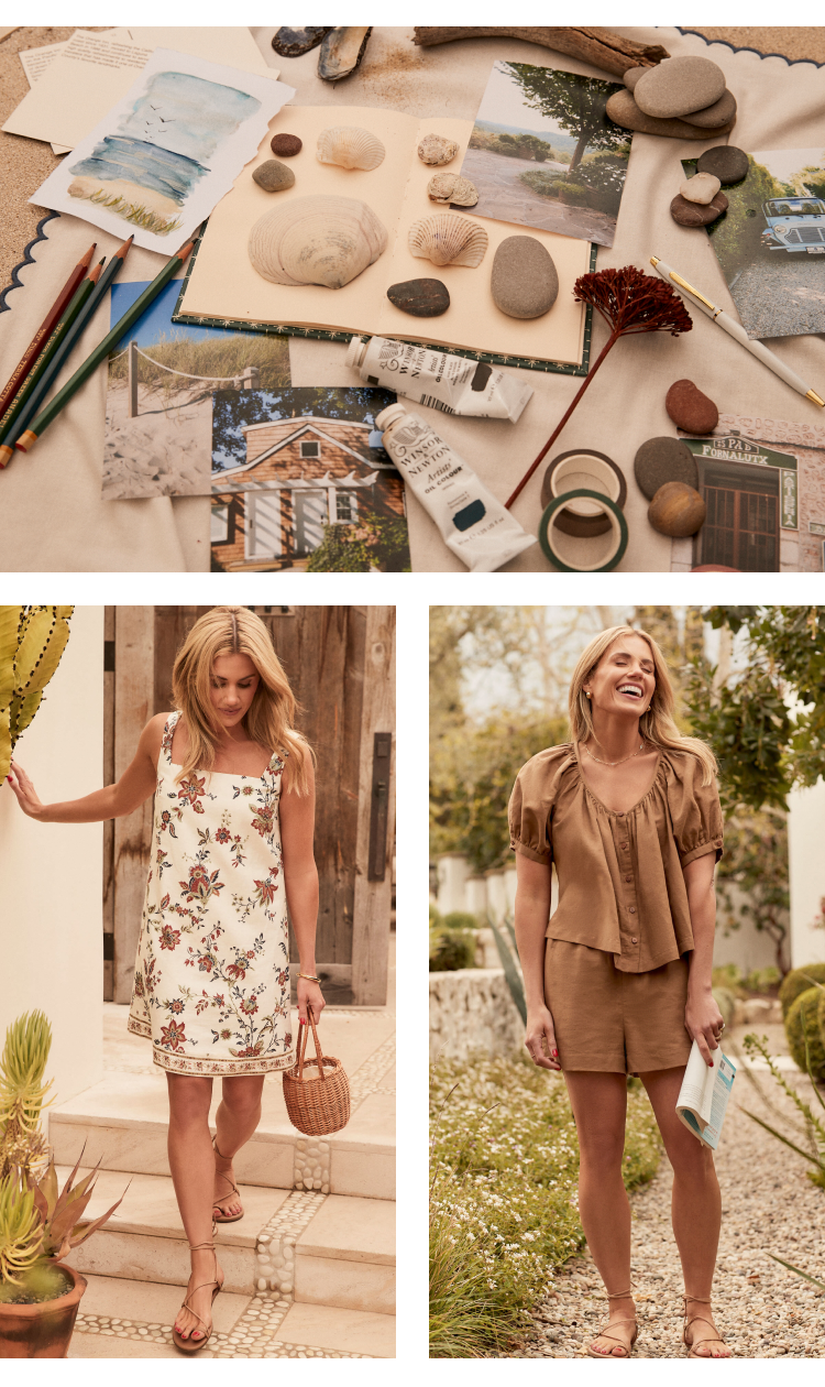Shea McGee moodboard. Shea McGee in a short tank dress with chintz pattern. Shea McGee in a brown short sleeved top and matching shorts 