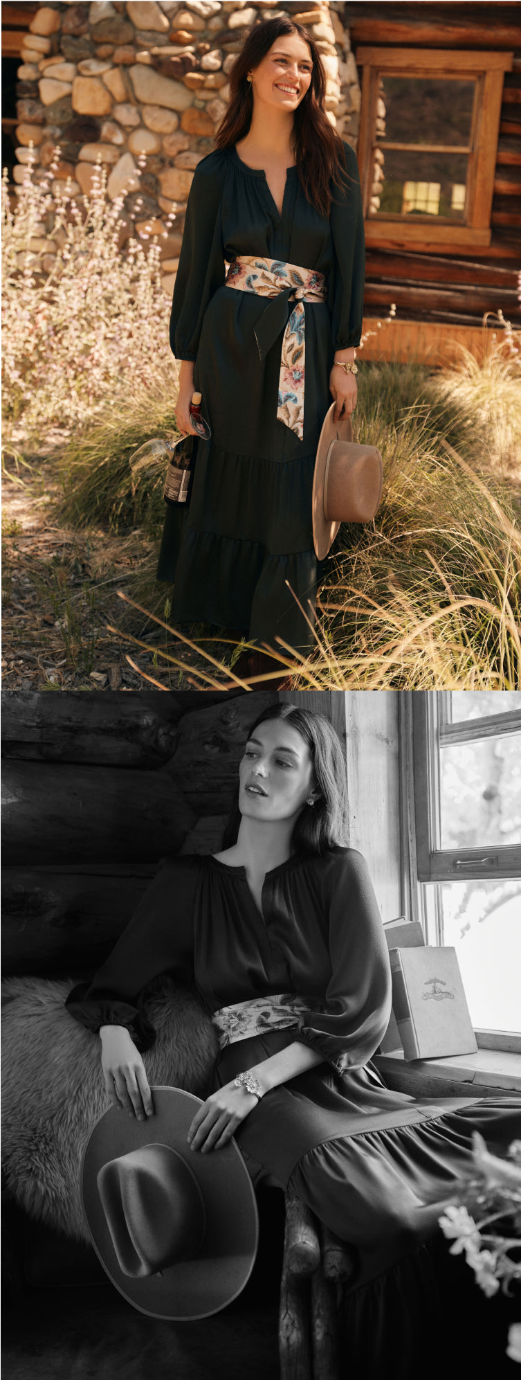 Image one: Woman in a green long sleeved maxi dress with a floral belt. She's holding a bag and hat. Image two: black and white image of a woman wearing a long sleeved dress with a floral belt. 