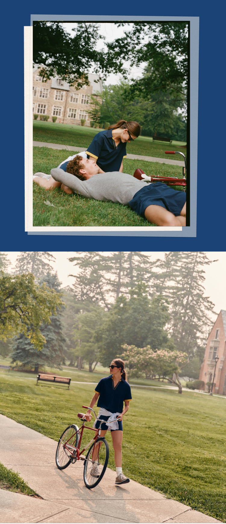 Top: Man and woman sitting on grass. Bottom: Woman walking with her bike on a college campus.