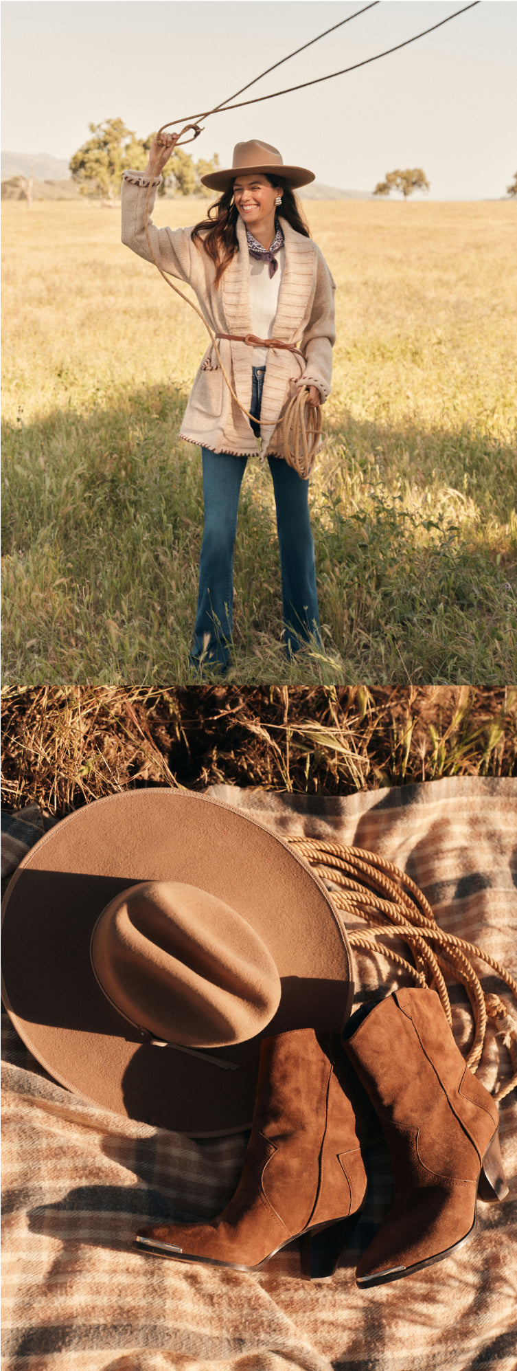 Image one: woman with a lasso wearing a cowboy hat, a sweater, bandana, a white tee, and jeans. Image two: close up of a cowboy hat, short cowboy boots, and a lasso, on top of a gingham blanket. 