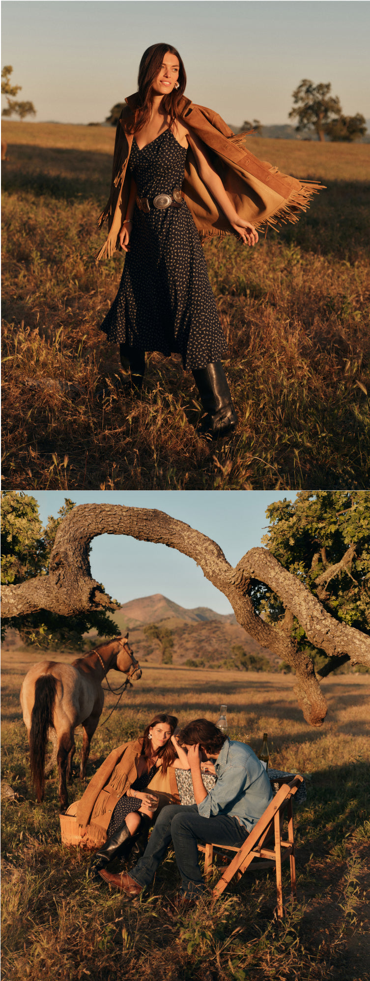 Image one: Woman out in a field in a black slip dress with a brown suede coat over her shoulders. Image two: Man and woman sitting together at a table under a tree with a horse. Woman is wearing a black slip dress and a brown suede coat. 