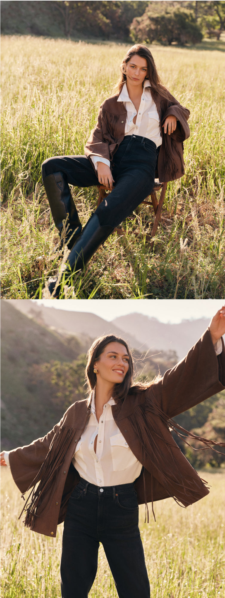Woman in a brown fringe jacket, white button down shirt, dark wash jeans, and black leather boots. 