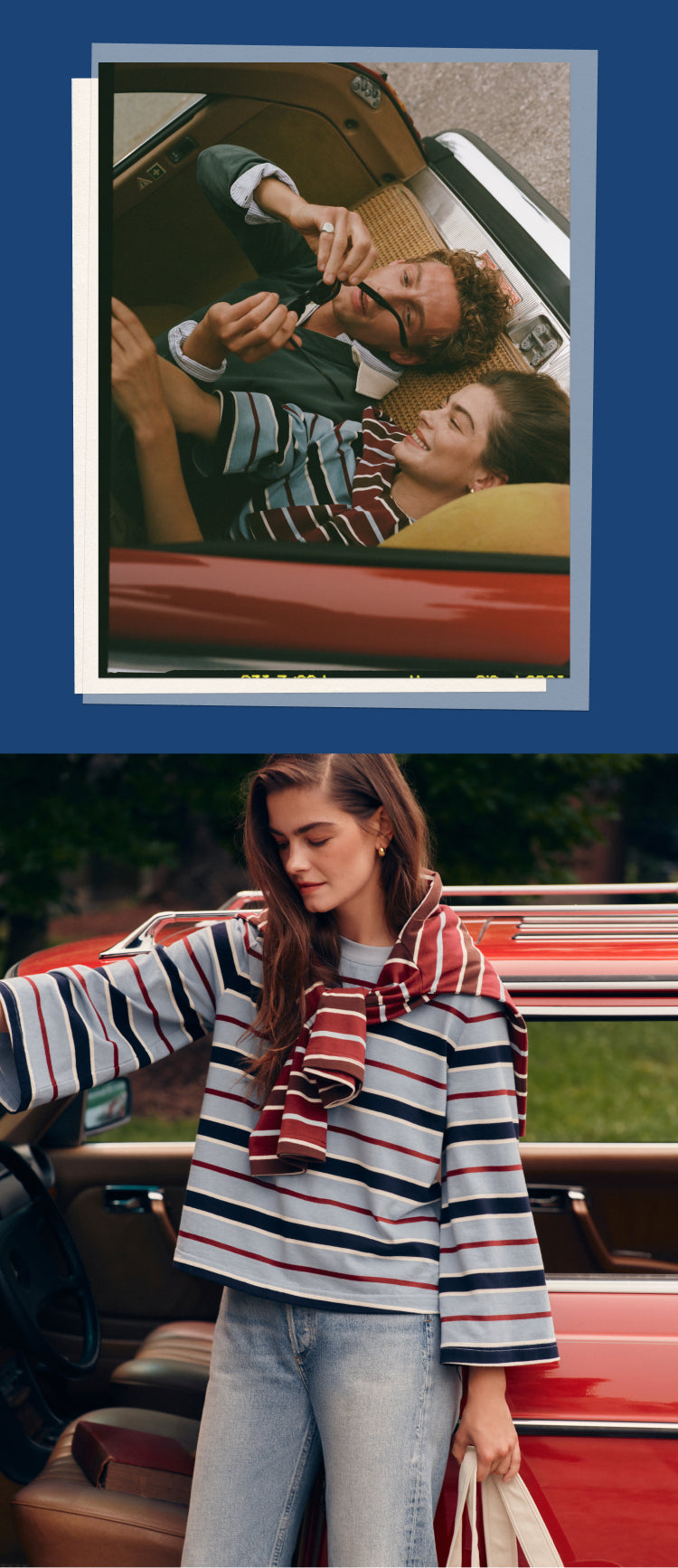 Top: man and woman talking in the trunk of a car. Bottom: Woman opening a car door in a blue striped tee and jeans. 