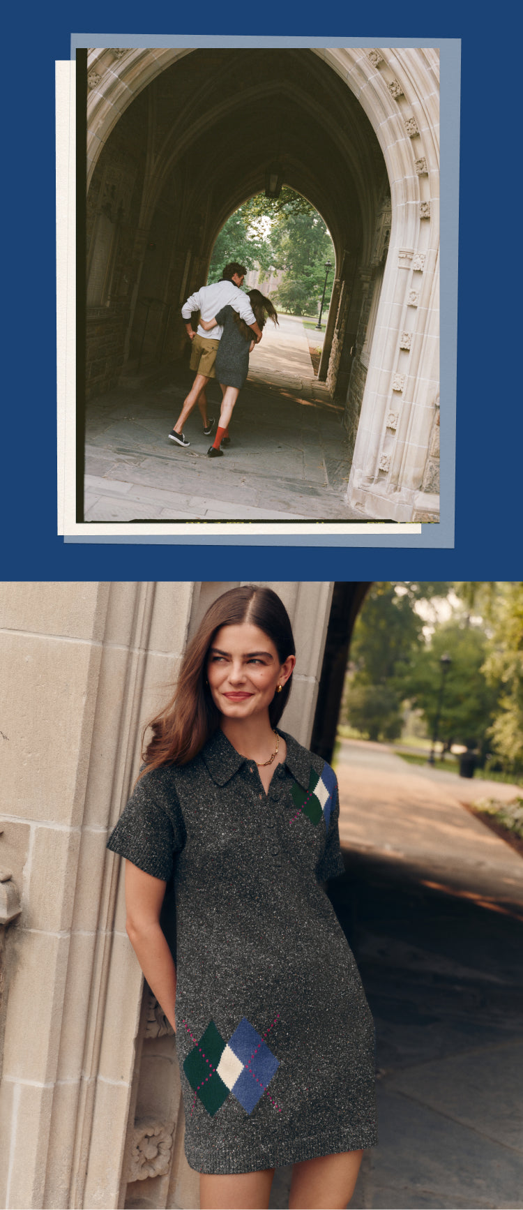 Top: Man and woman walking through an archway. Bottom: Woman in an argyle sweater dress leaning on the archway. 