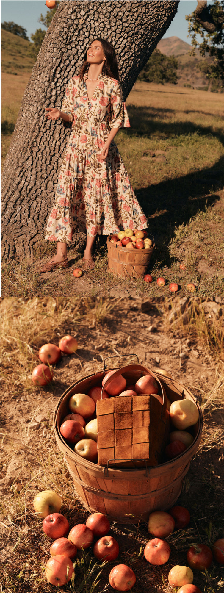 Image one: Woman standing in front of a tree throwing an apple in a long floral dress. Image two: A basket of apples with a woven suede bag. 