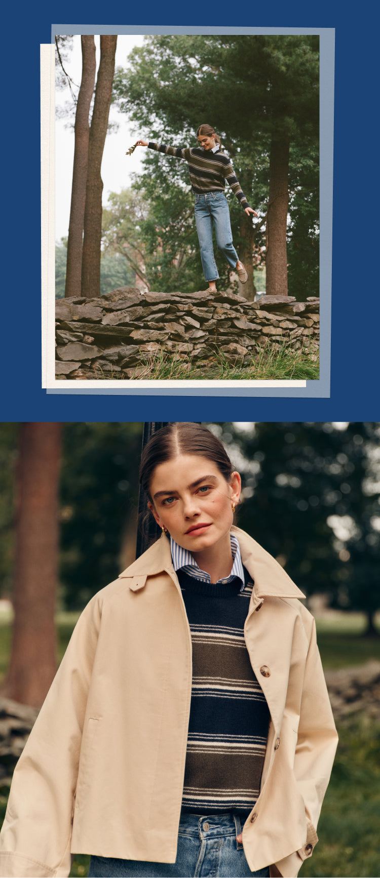 Top: Woman in a striped sweater and jeans walking on a stone wall in the forest. Bottom: Close up of a woman in a trench coat and a striped sweater. 