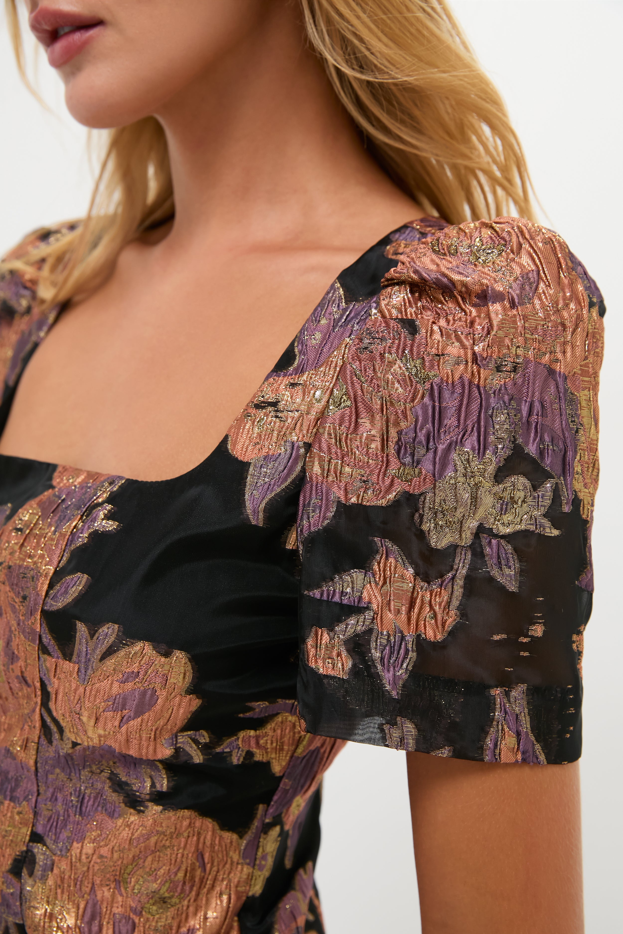 black and copper floral jacquard minetta mini dress Emmie Floral Jacquard A-Line Mini Dress