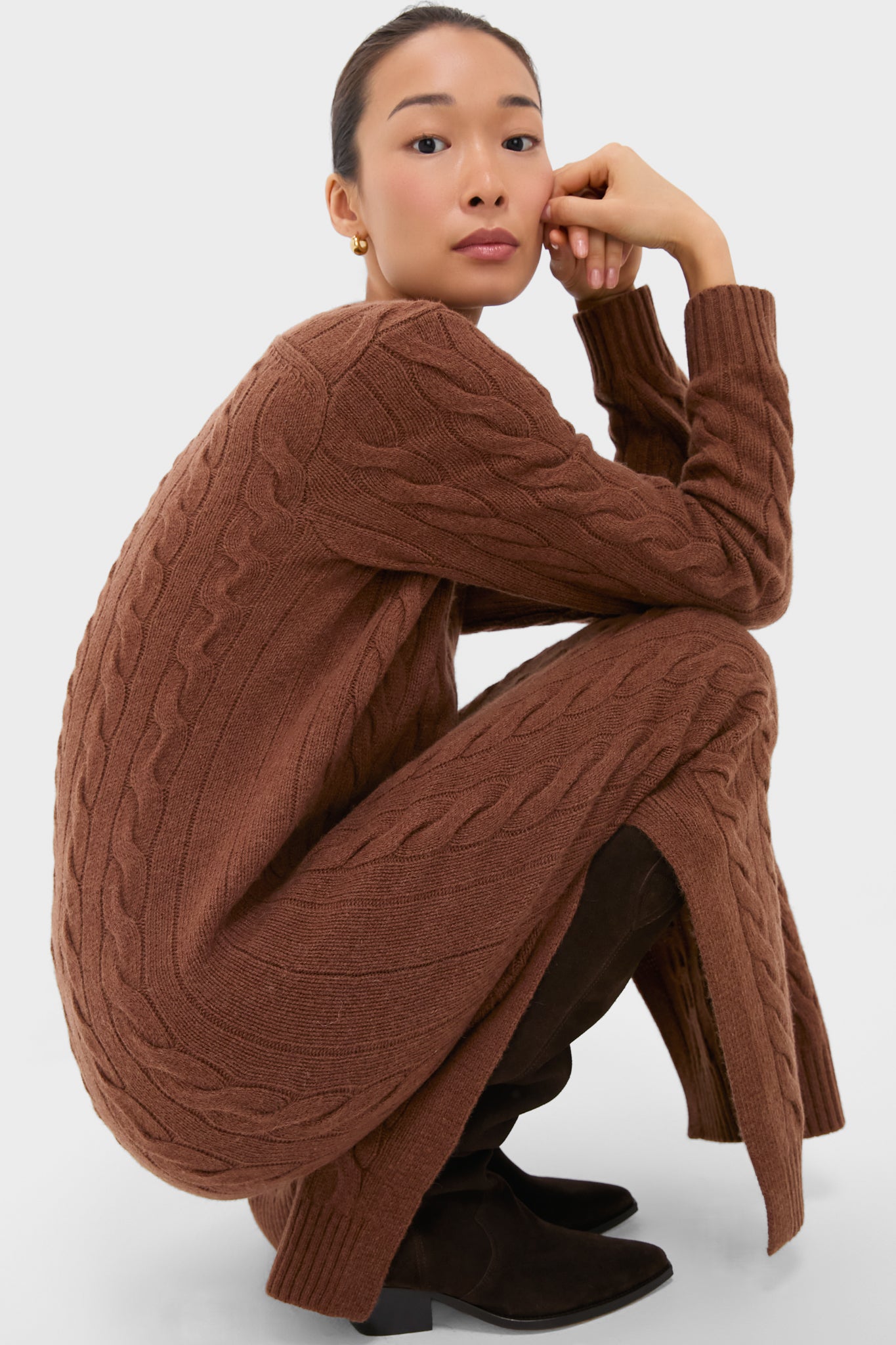 Gingerbread Brown Melange Alpaca Blend Sweater V-Neck Long Sleeve Dress | Polo Ralph Lauren Gingerbread Brown Melange Alpaca Blend Sweater V-Neck Long Sleeve Dress | Polo Ralph Lauren