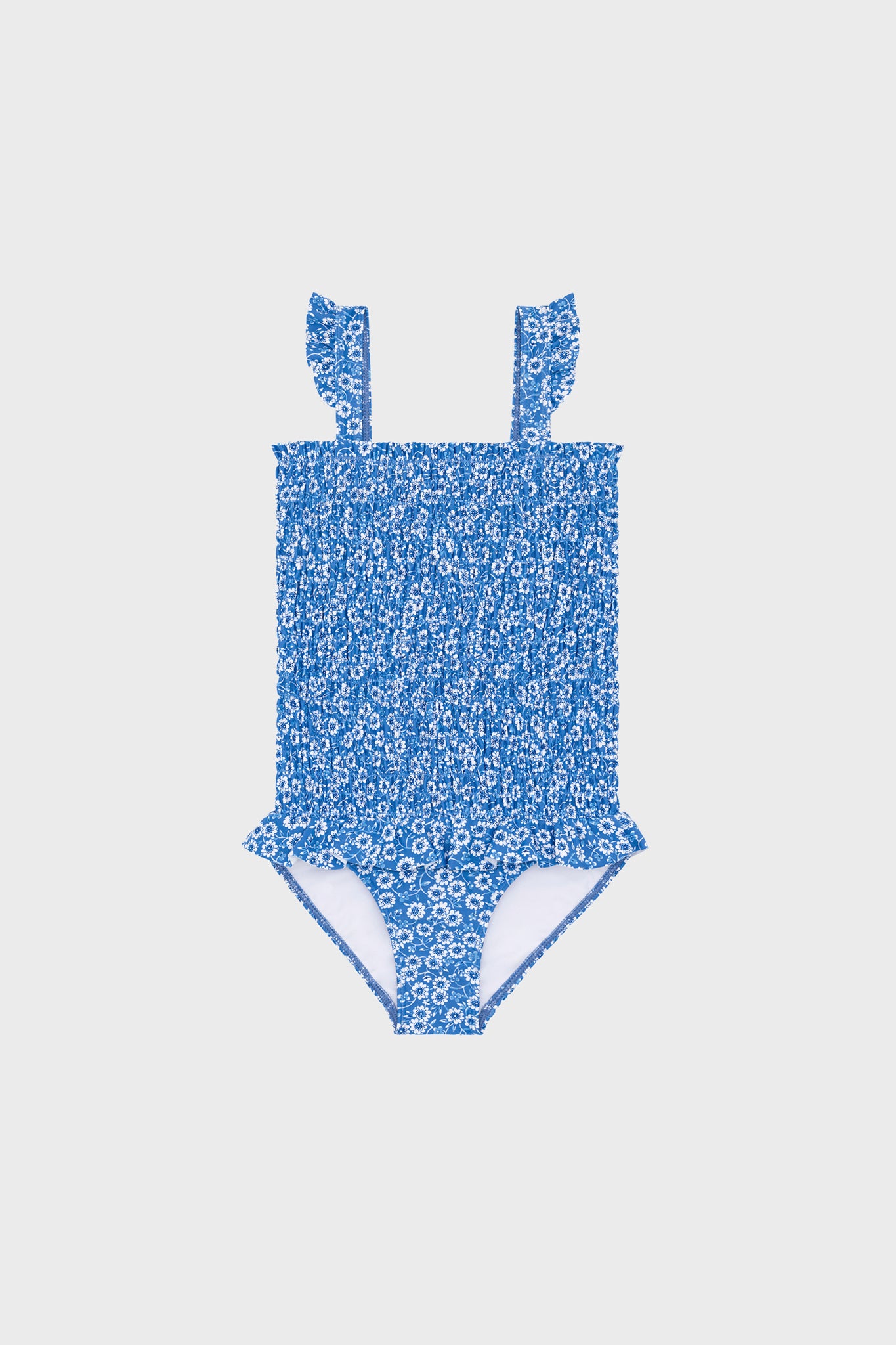Blue Floral Smocked One Piece with Ruffle Skirt