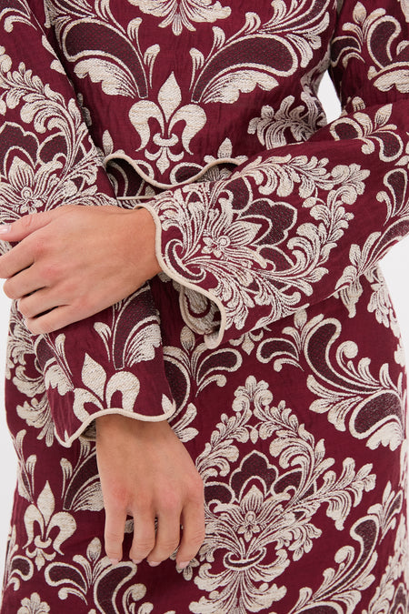 Blush Pink and Burgundy Bicolor Jacquard Waves Long Sleeve Top with intricate damask patterns, showcasing classic, effortless style perfect for high-end, fun occasions.