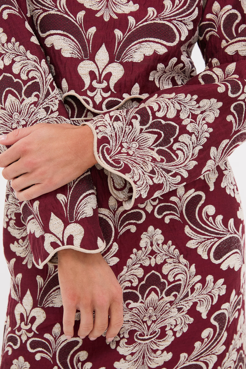 Blush Pink and Burgundy Bicolor Jacquard Waves Long Sleeve Top with intricate damask patterns, showcasing classic, effortless style perfect for high-end, fun occasions.