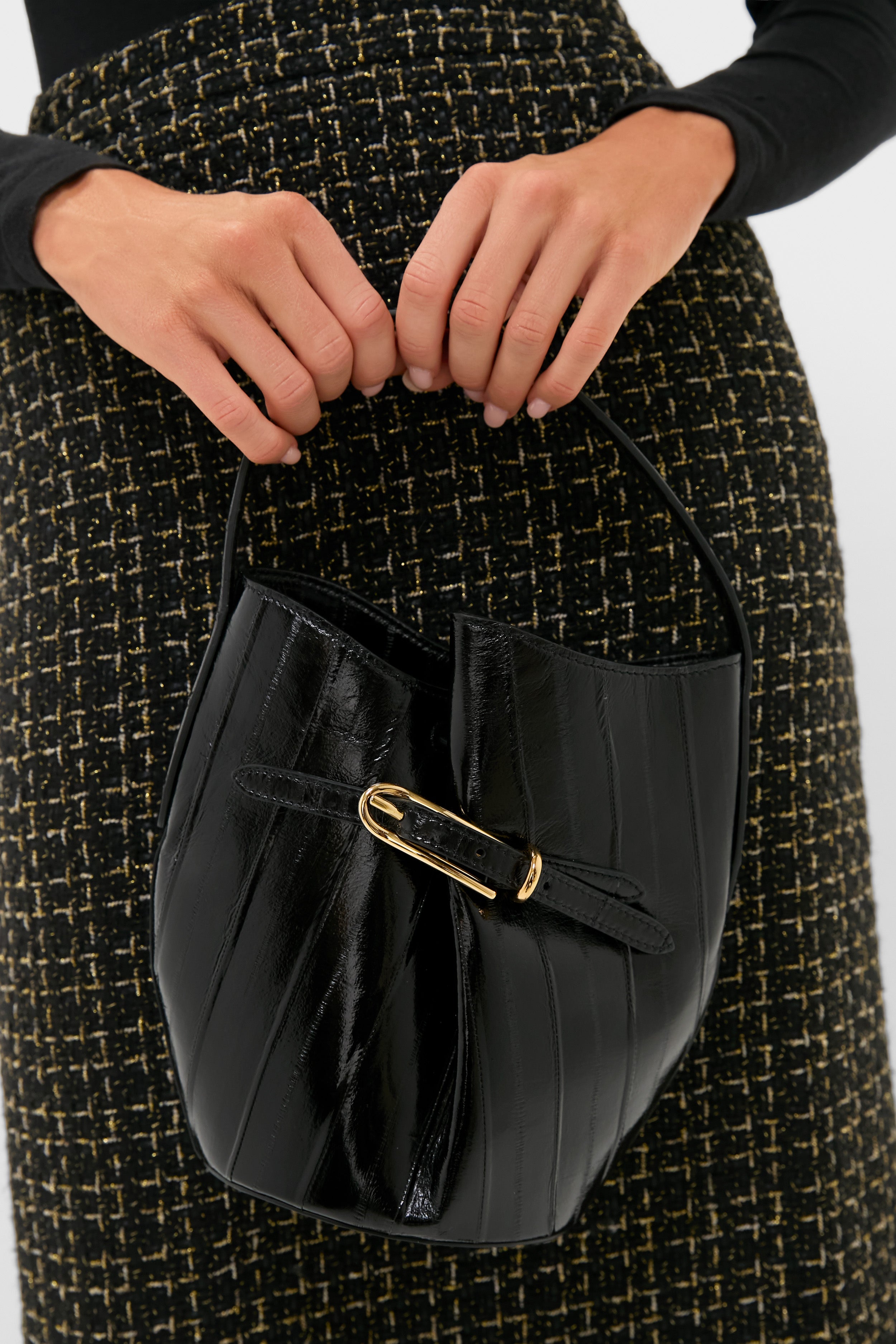 Black Eel Skin Mini Belted Bucket Bag | Liffner