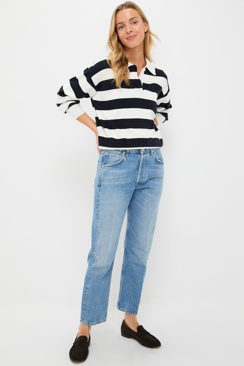 Ivory and Navy Bond St Striped Polo