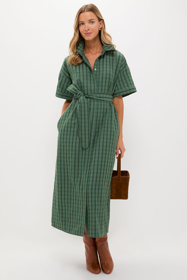 Pomander Place Dark Green Windowpane Seersucker Zacara Dress Dark Green / XXS