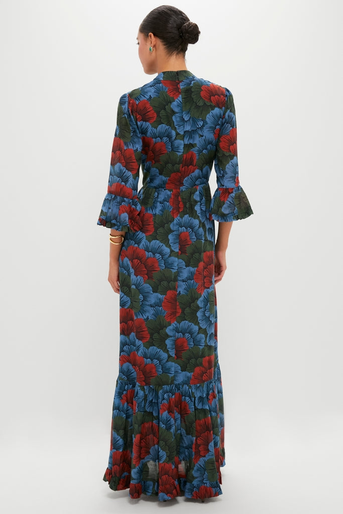 Madrid Blue High Neck Bell Sleeve Maxi Dress | Oliphant Madrid Blue High Neck Bell Sleeve Maxi Dress | Oliphant