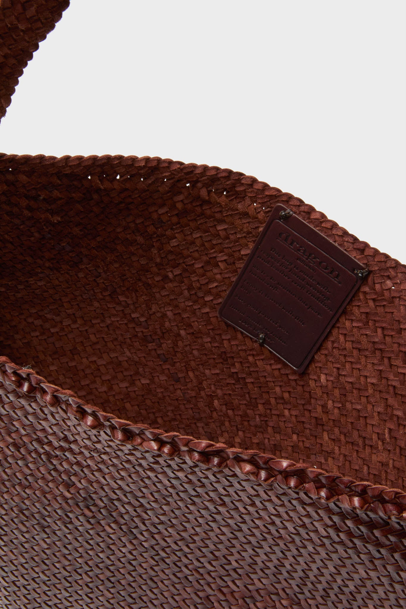 Bruciato Ars Tote interior showcasing classic, handwoven buffalo calf leather with effortless craftsmanship; a high-end, fun accessory for versatile, everyday carry.