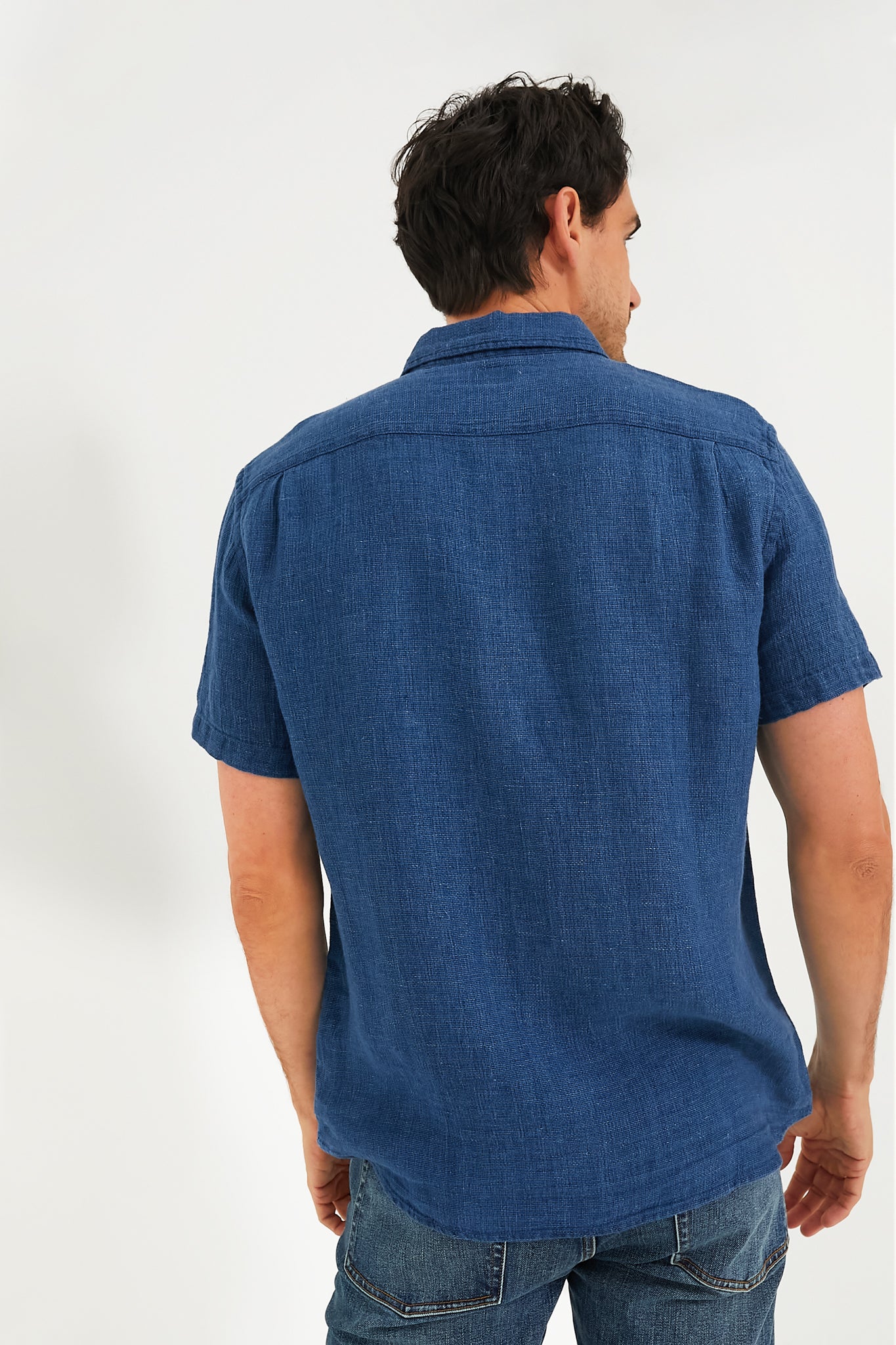 Indigo Basketweave Short Sleeve Palma Linen Shirt