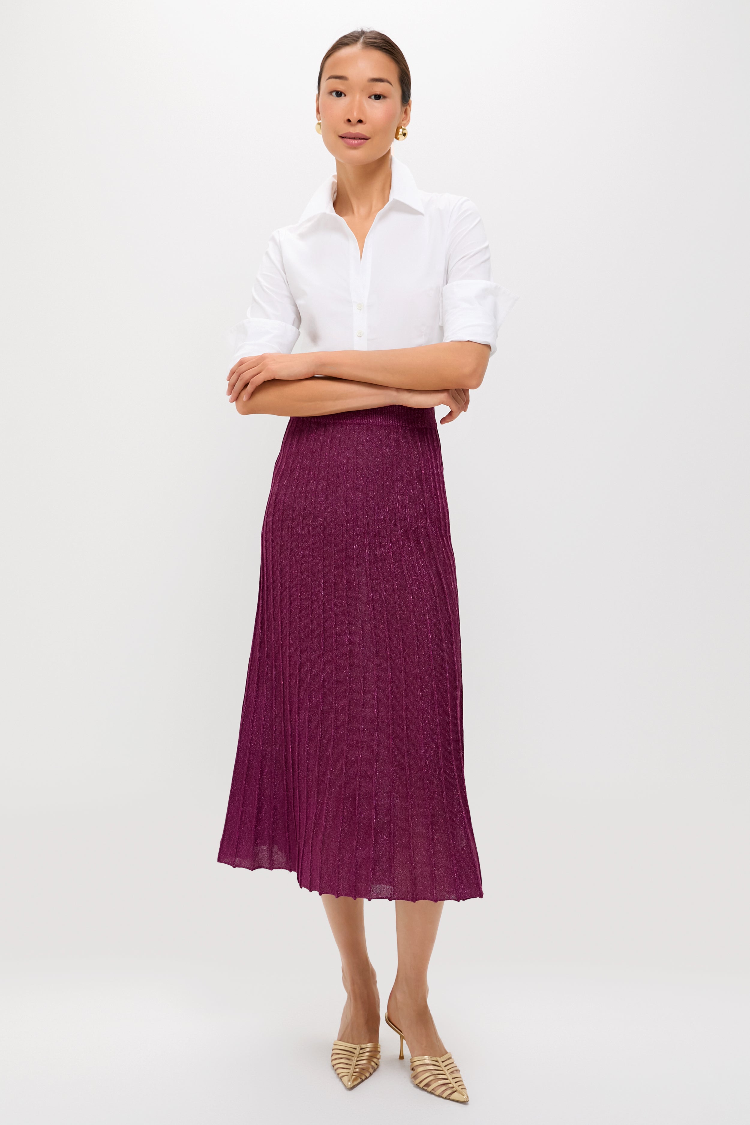 【新品タグ付】SUMMER KNIT PLEATS SKIRT Plum Shimmer Knit Pleated Arion Midi Skirt | Tuckernuck