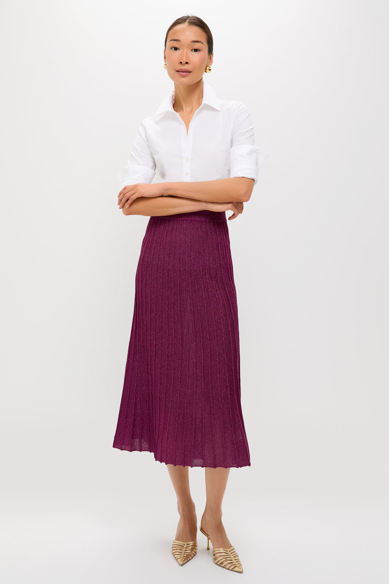Plum Shimmer Knit Pleated Arion Midi Skirt