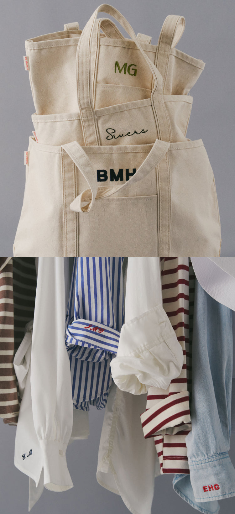 Image one: Three canvas tote bags with monograms. The top bag has two letters (M and G) in green. The second has the phrase "Sivers" in black script. The bottom bag has three letters "BMH" in all caps in navy. Image two, shirts that are hanging. Several have monograms on the sleeve. 
