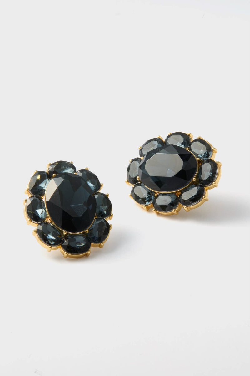 Navy Crystal Emaline Studs showcase classic elegance with faceted black stones and smoky-gray accents, offering an effortless, high-end flair for any outfit.