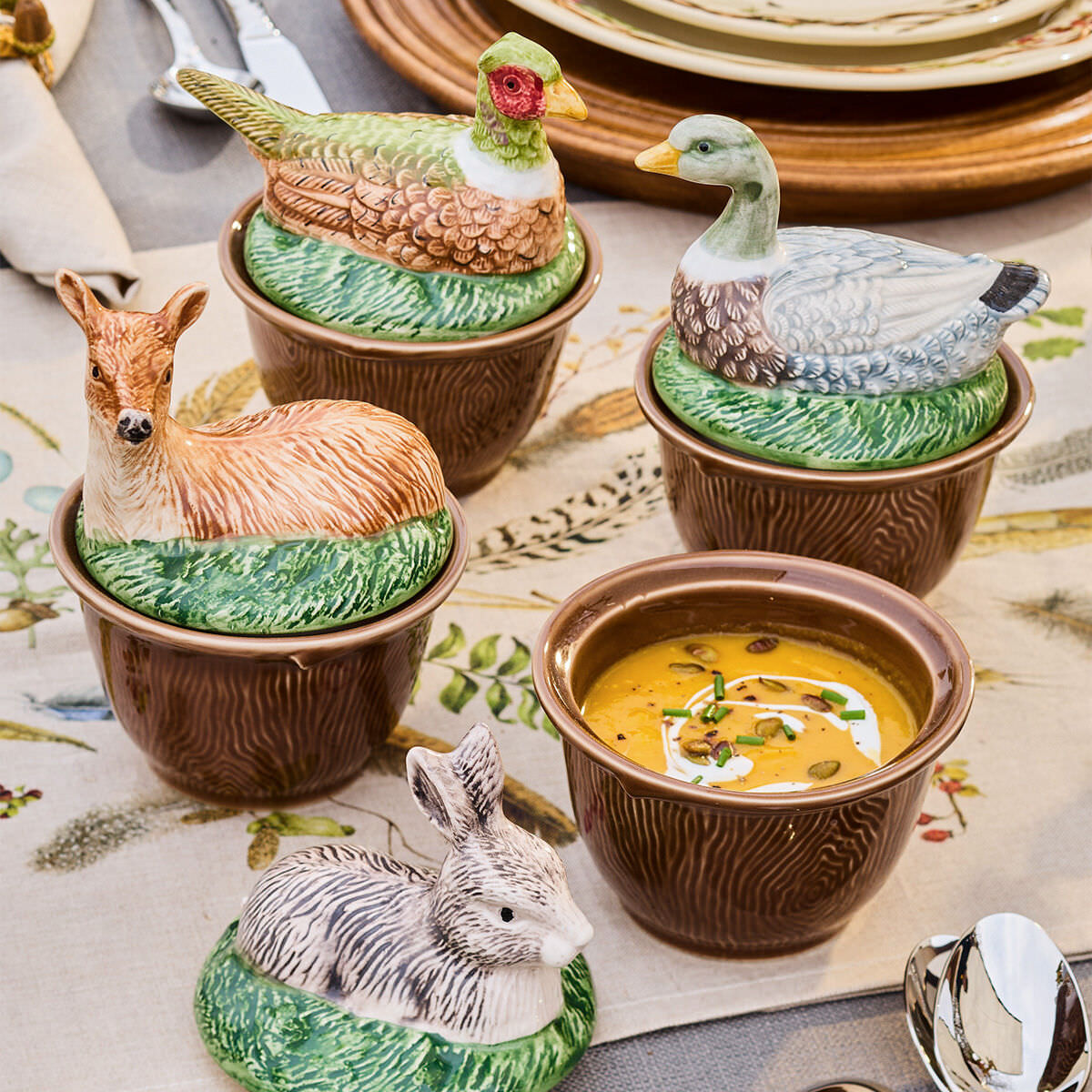 Forest Walk Pheasant Bowl with Lid: a classic, high-end ceramic ramekin featuring a pheasant-topped lid, perfect for effortless, fun autumn tablescapes.