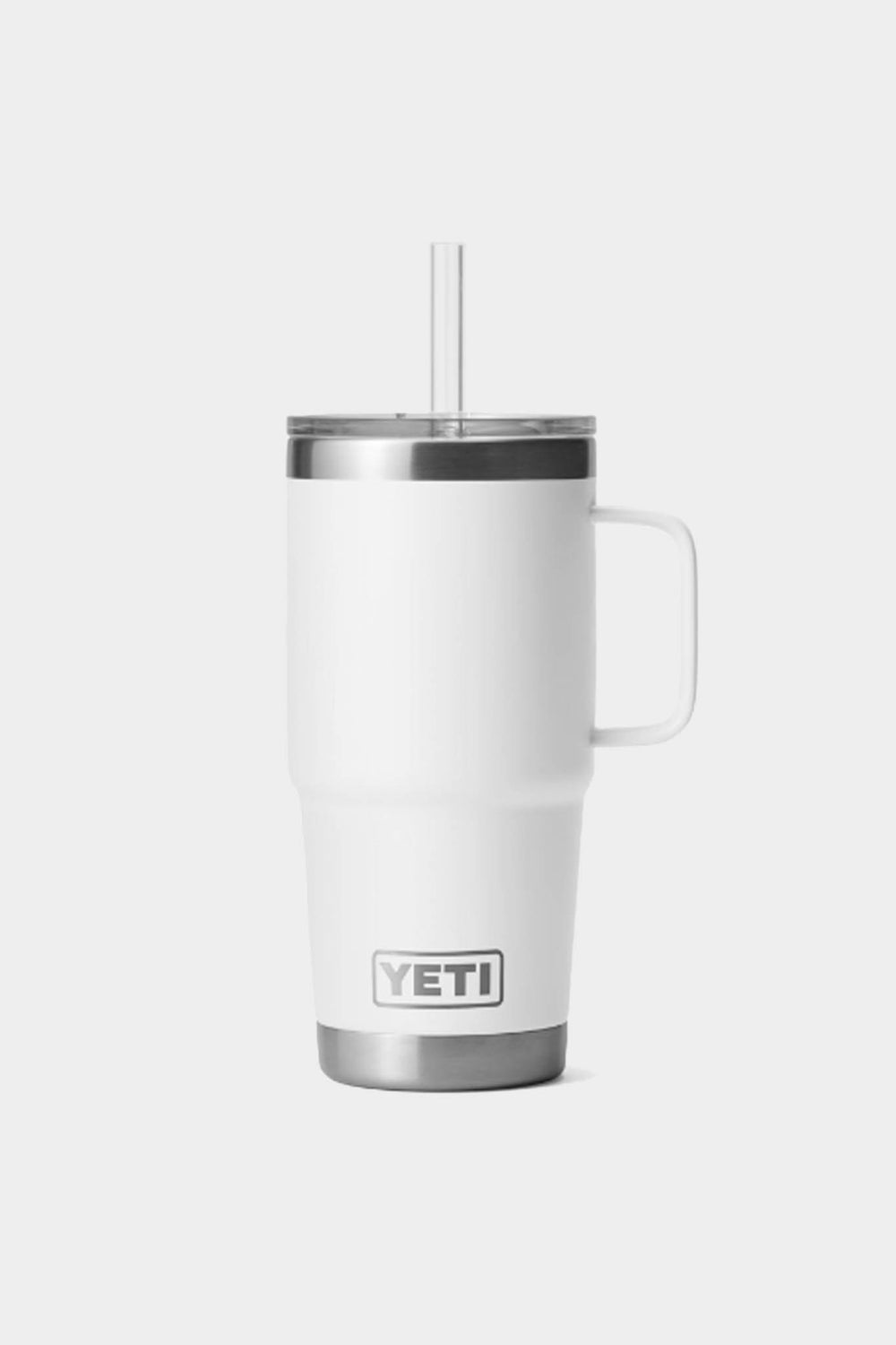 The YETI Rambler insulated mug features a handle, stainless steel rim, clear lid, and straw. This white mug keeps drinks at the perfect temperature and combines YETI's signature stylish and functional design.