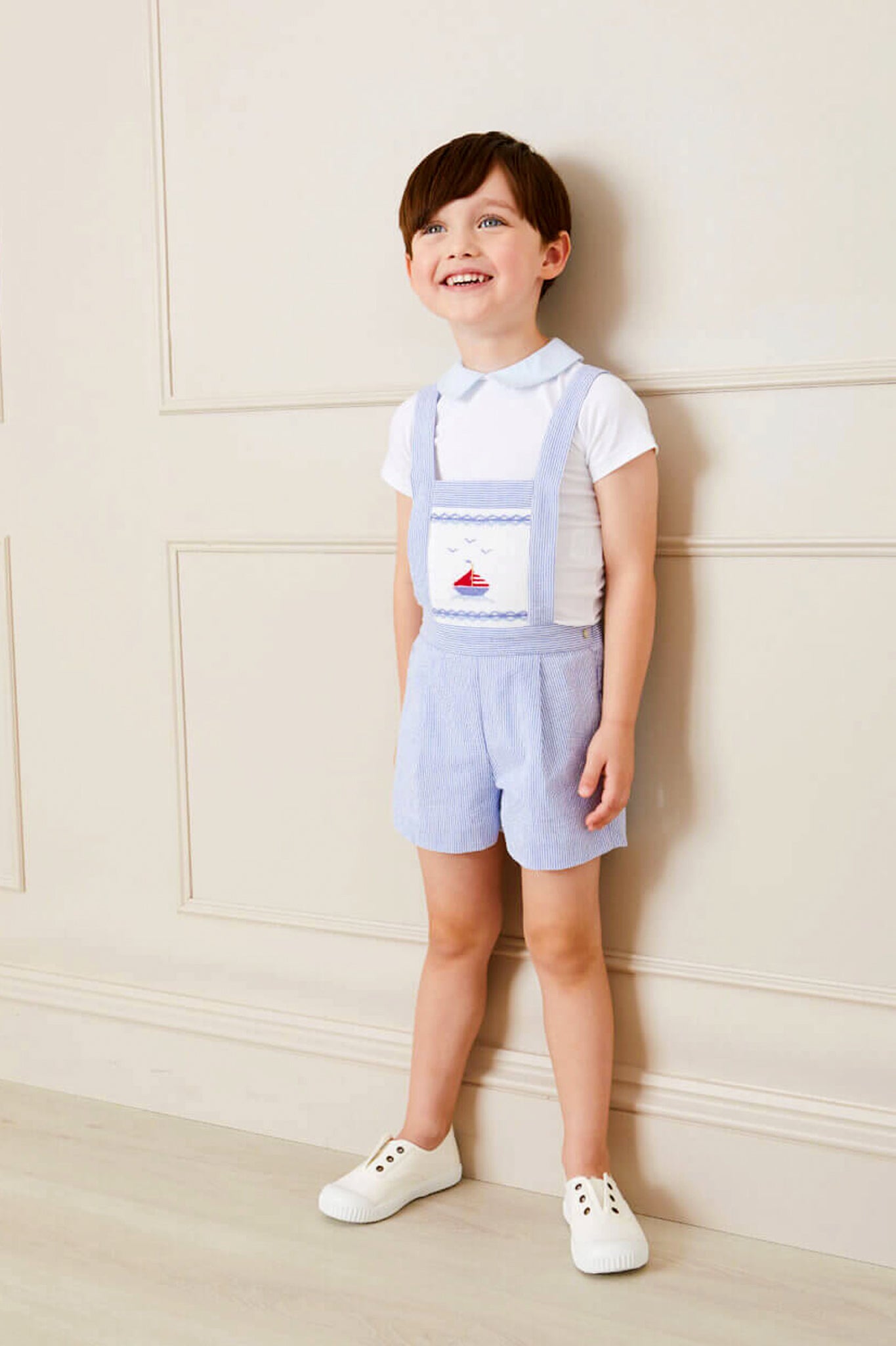 Nautical Striped Boat Embroidery Short Dungarees in Blue