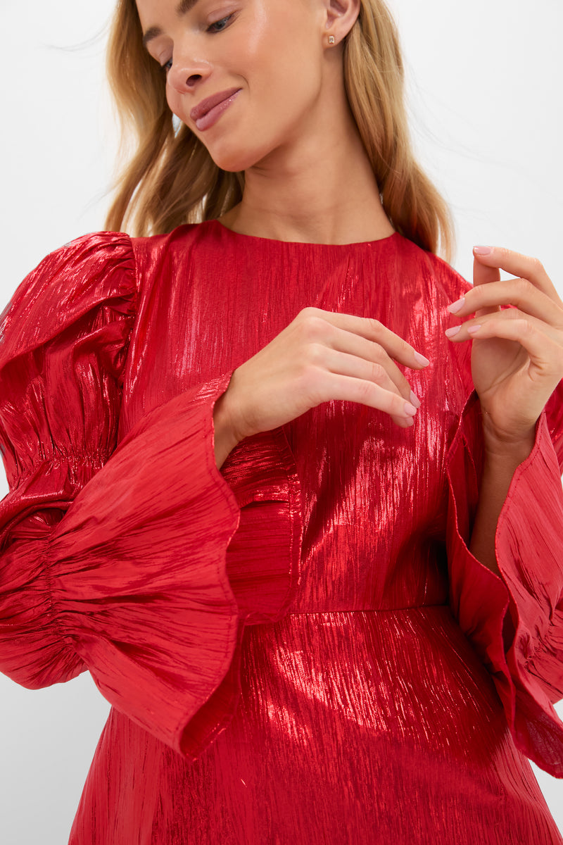 Red Metallic Plisse Puff Sleeve Darcy Midi Dress