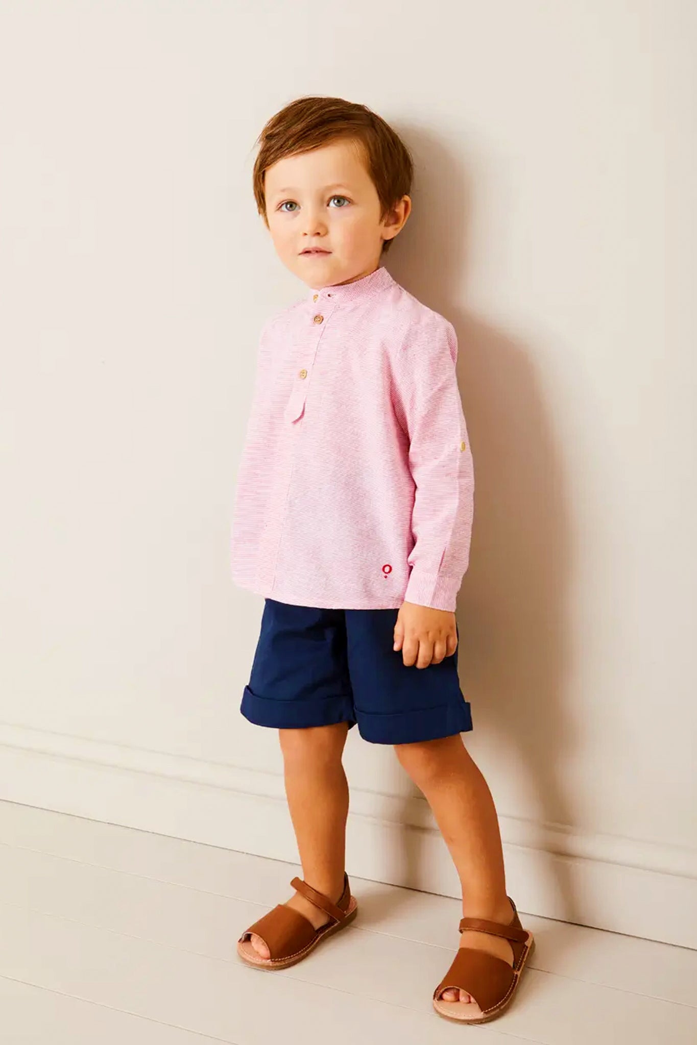 Lawrence Striped Mao Collar Long Sleeve Shirt in Red