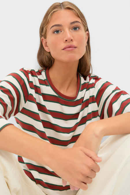 Young woman models the Cream with Brown Campus Crew, an effortless, classic, high-end tee with Rancho Stripes, embodying a fun, relaxed collegiate style.