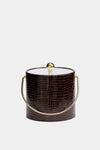 The Mr. Ice Bucket double-walled insulated brown bucket features a stylish gold handle.
