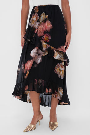 Russet Floral Hypnotic Asymmetric Midi Skirt