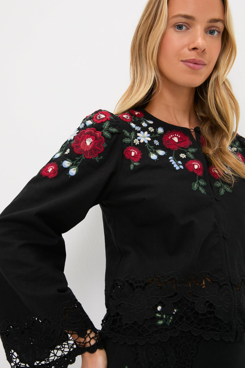 Black Rosaline Embroidery Long Sleeve Button Up Top