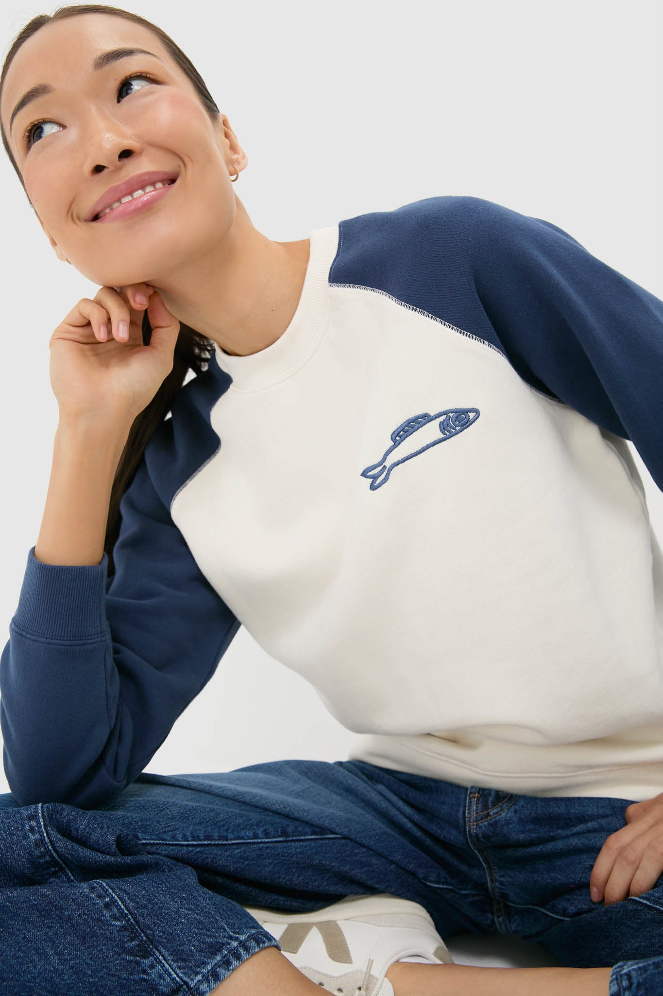 Cream and Navy Embroidered Sardine Sweatshirt